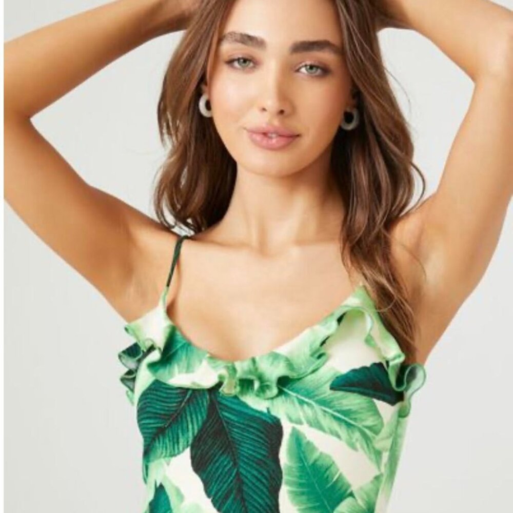 Forever 21 Tropical Leaf Ruffle Bodysuit Size S NWOT NEW